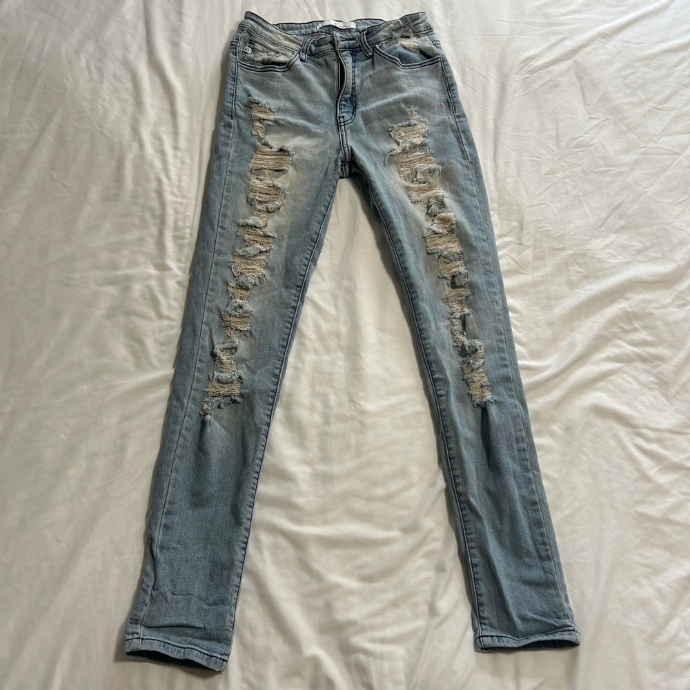 KanCan Womens Distressed Skinny Jeans Light Wash Shredded Denim Size 27